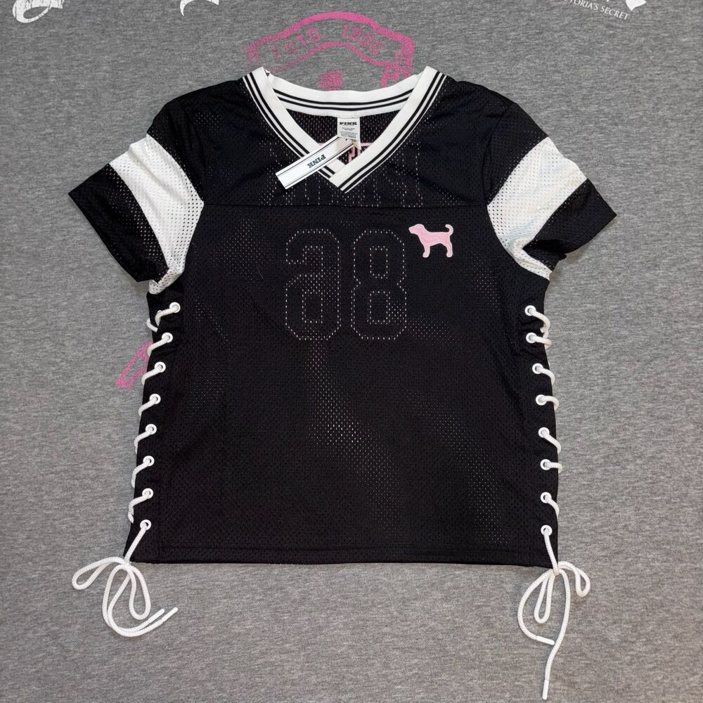 VS PINK Varsity Lace-Up Football Mesh Jersey Pink & White Embroidered 86 MD - Picture 2 of 7
